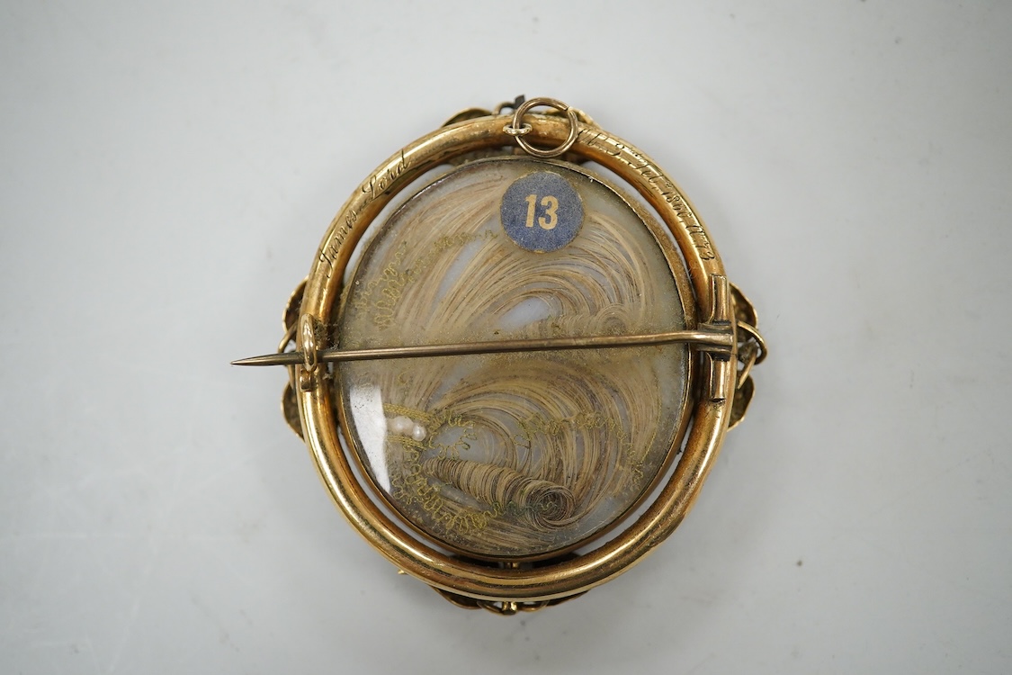 19th century, English School, mourning portrait miniature for James Lord, OBT 3rd Feb. 1860, A.78, housed in a yellow metal (tests as gold) and enamelled pendant brooch frame with hair-work and seed pearl panel verso, wa